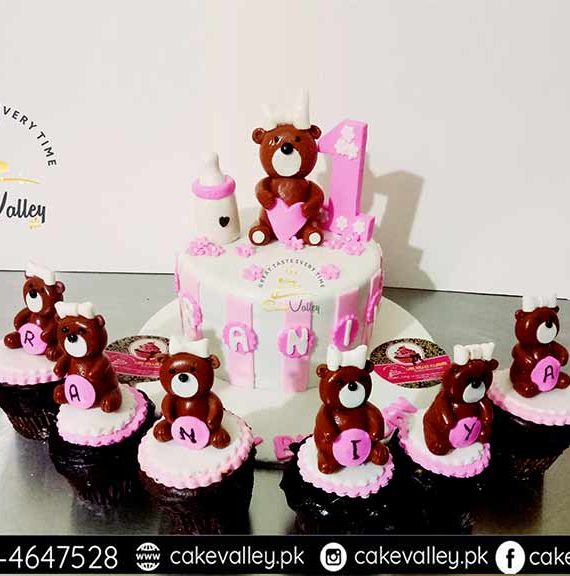 Teddy bear theme or baby girls 1st Birthday cake